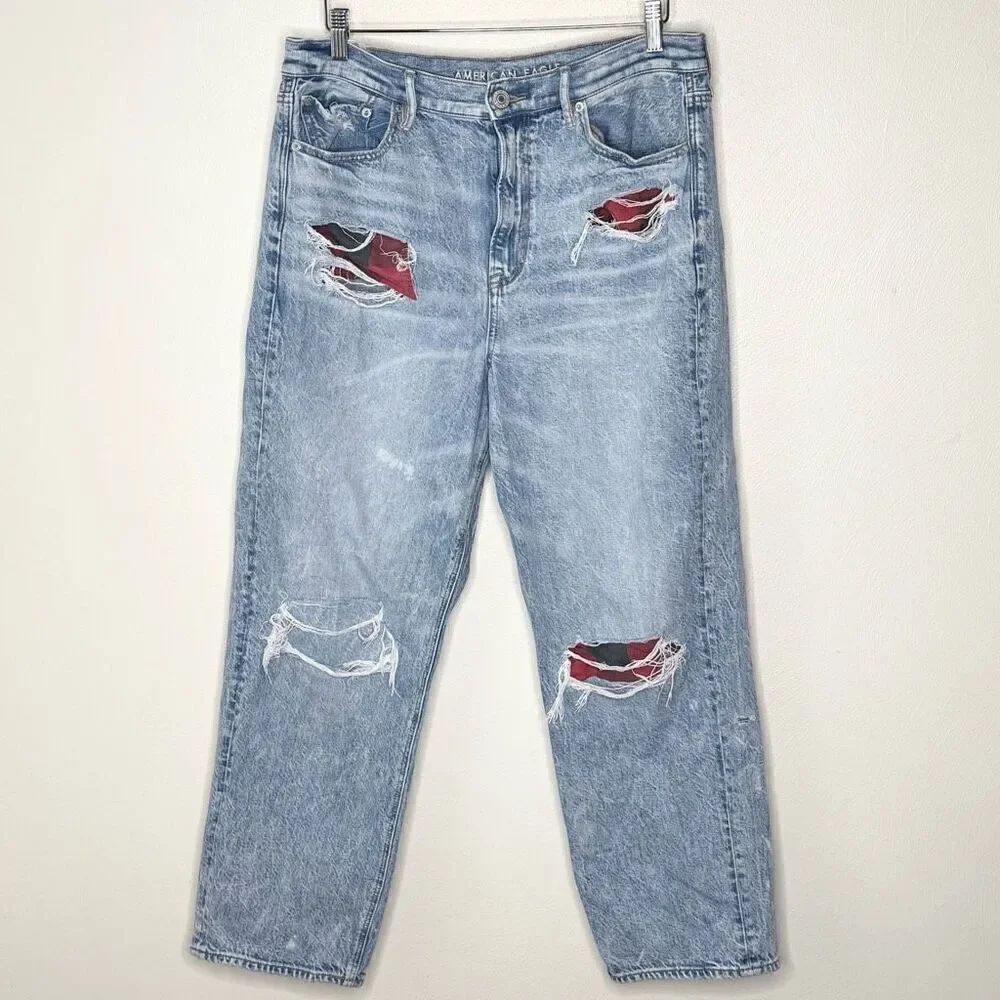 American Eagle Outfitters The Highest Rise 90s Boyfriend Light Wash Buffalo Chec